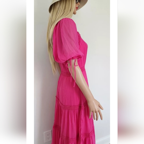 RACHEL PARCELL MAGENTA TIERED SHORT SLEEVES SUNDAY PARTY MIDI DRESS MEDIUM M NWT - Picture 9 of 16